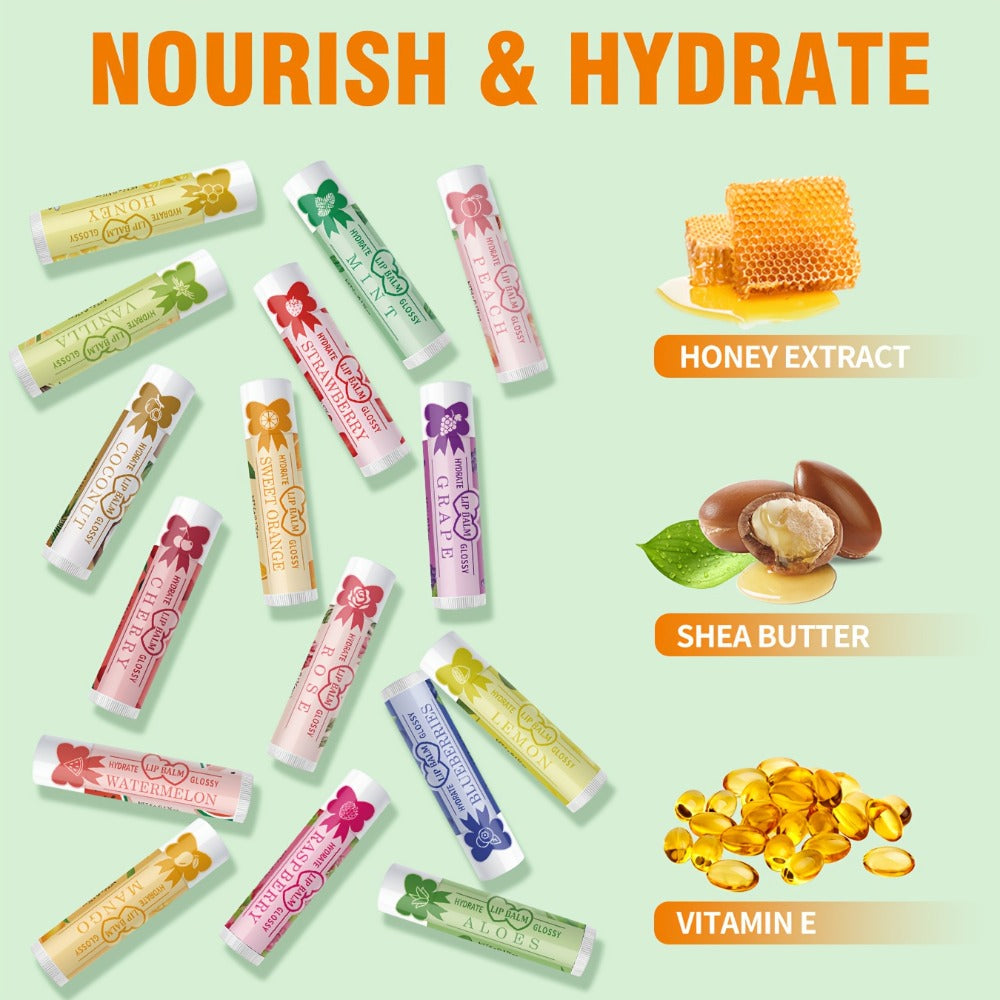 Lip Balm 16-Piece Assorted Flavor Set with Glossy Twist-Up Tubes and Orange Display Box Packaging