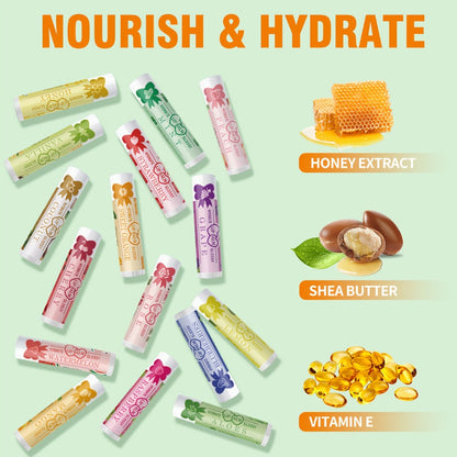 Lip Balm 16-Piece Assorted Flavor Set with Glossy Twist-Up Tubes and Orange Display Box Packaging