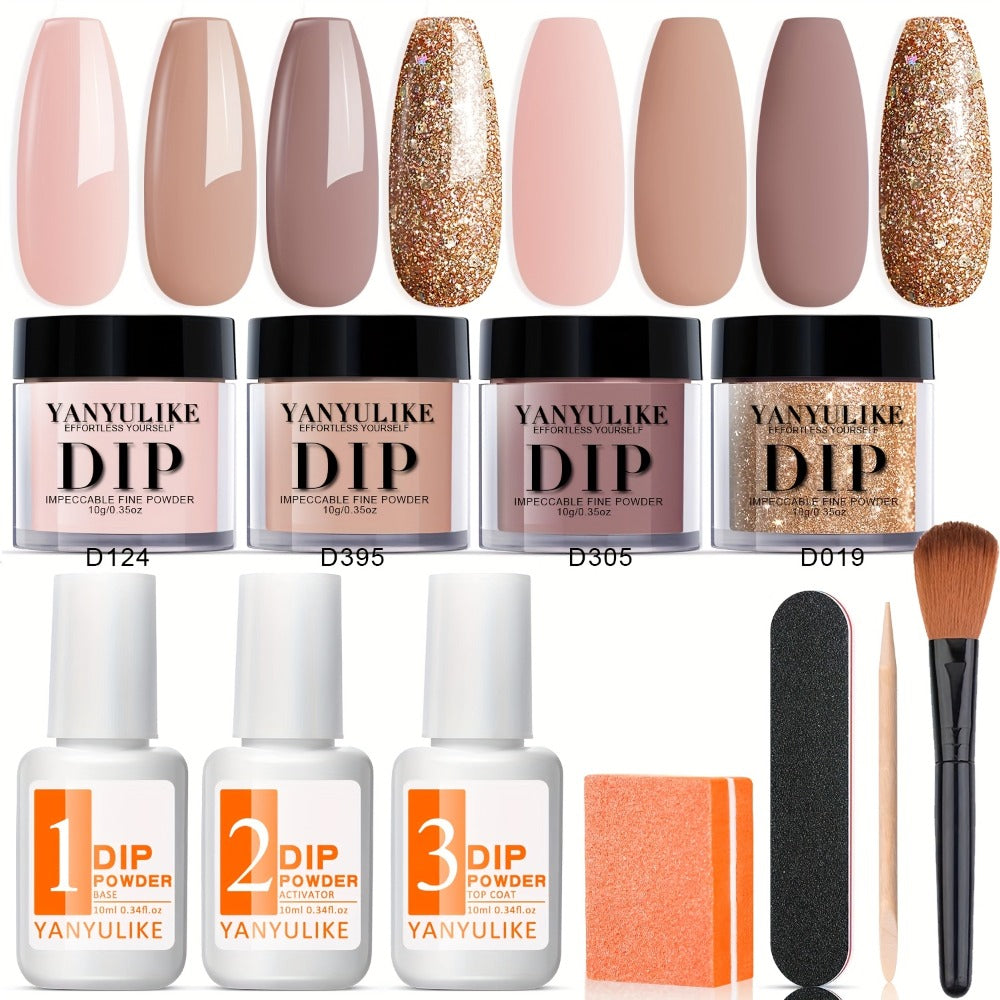 Dip Powder Nail Kit with YANYILIKE Label, Four Nude Gold Glitter Powders, Three 10ml Liquids and Four Tools