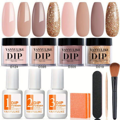 Dip Powder Nail Kit with YANYILIKE Label, Four Nude Gold Glitter Powders, Three 10ml Liquids and Four Tools
