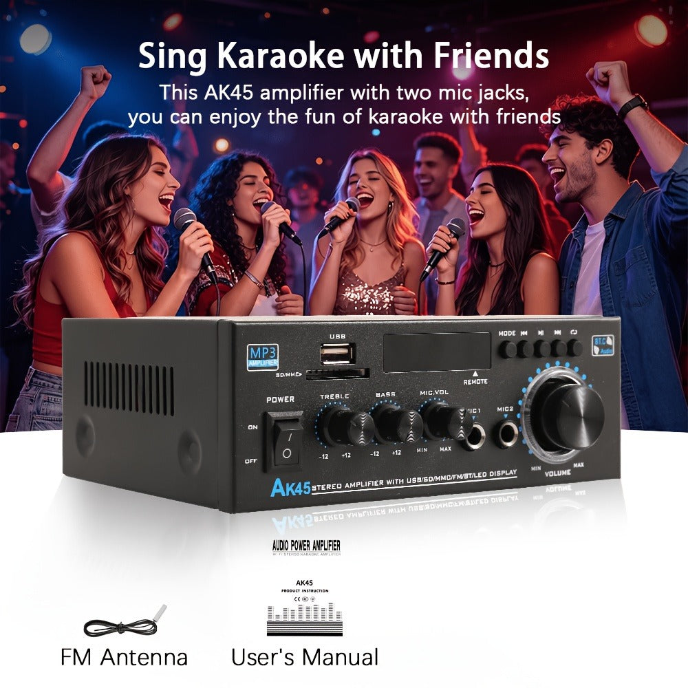 AK45 Two-Channel Bluetooth Home Audio Amplifier with FM, Karaoke Inputs, USB, MMC and SD Card Playback Options