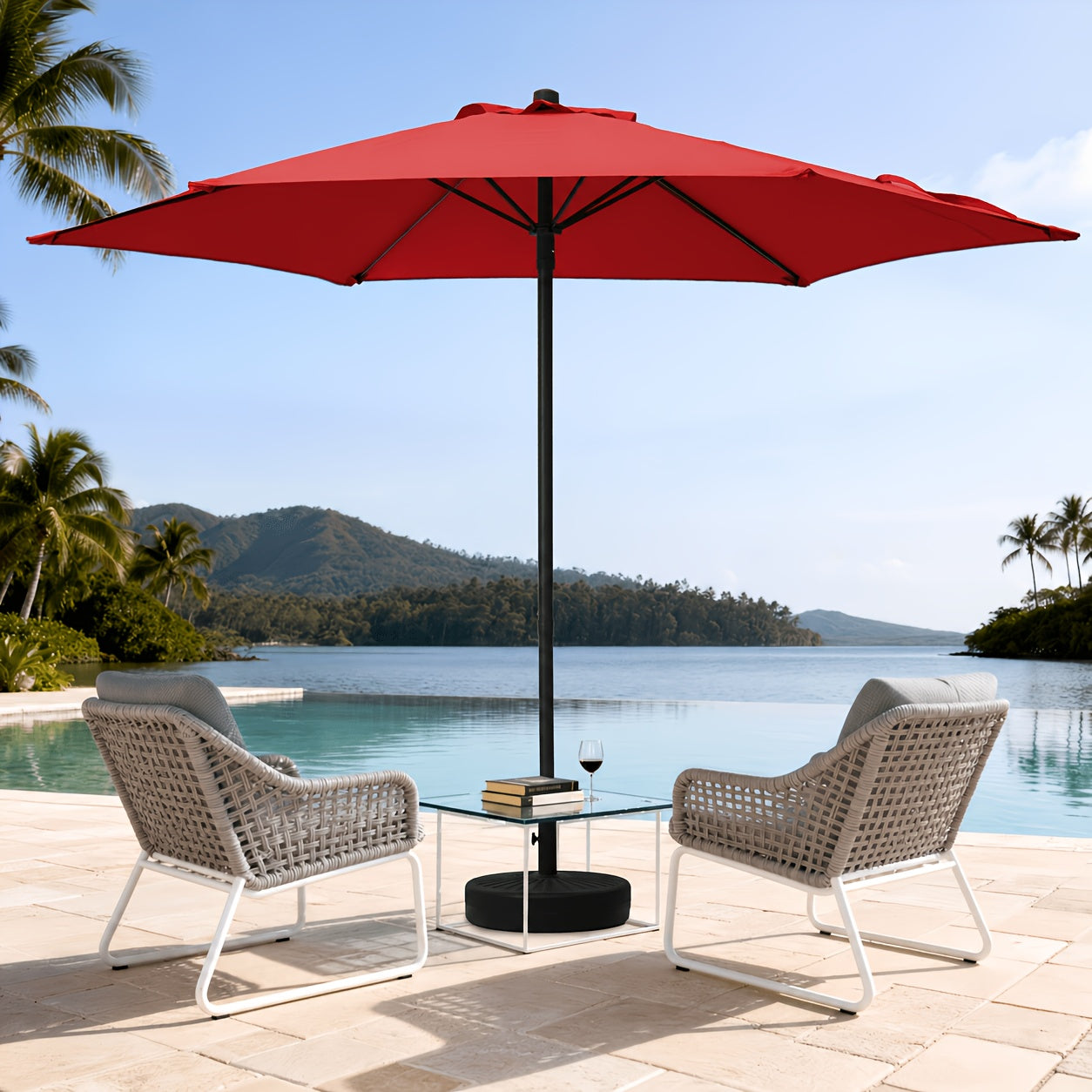 Patio Umbrella shown in the Red option