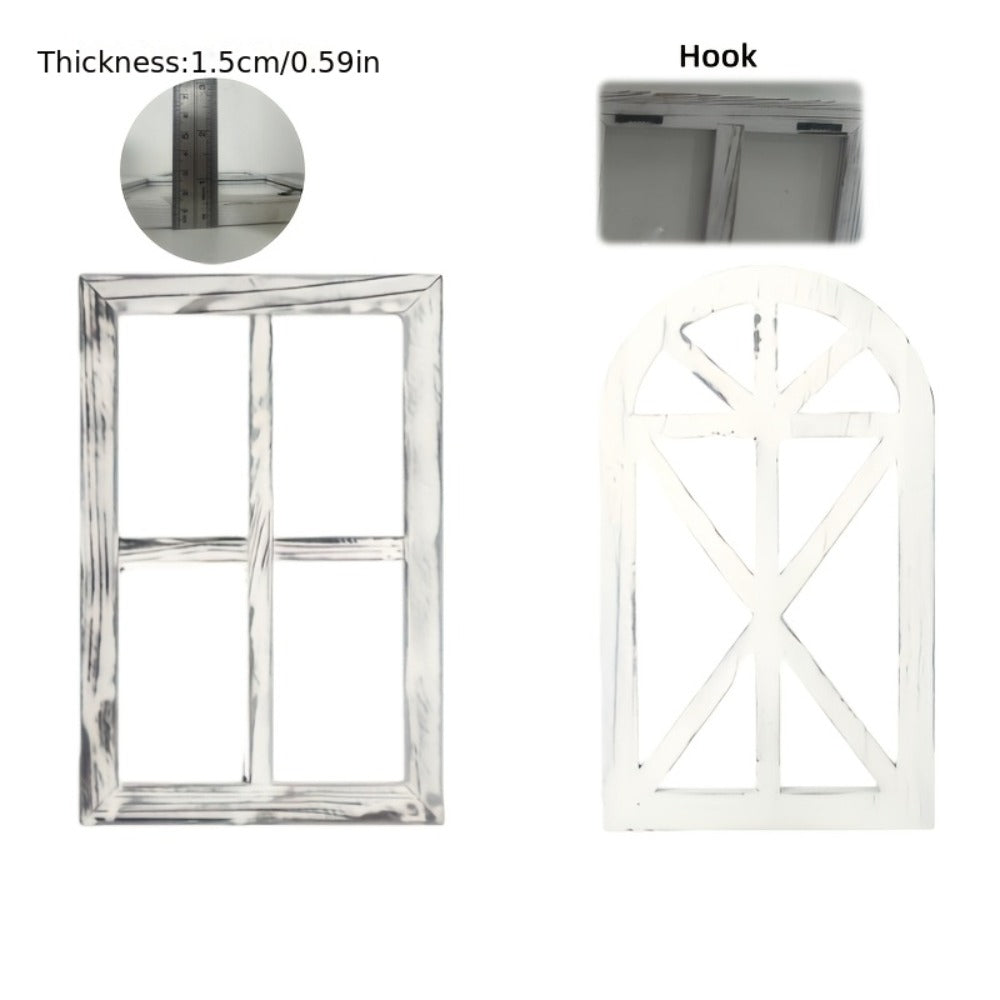 Distressed Wood Window Frame Wall Decor, Two-Piece Set in Rectangular or Arched Styles without Glass