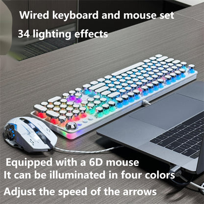 Mechanical Keyboard 104-Key Full-Size Wired USB Layout with Retro Round Keycaps, Backlighting and Control Knob