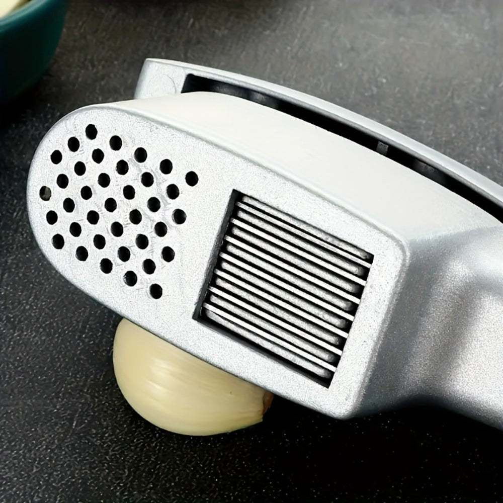 Manual Stainless Steel Two-in-One Garlic Press and Slicer for Mincing, Pureeing and Kitchen Preparation