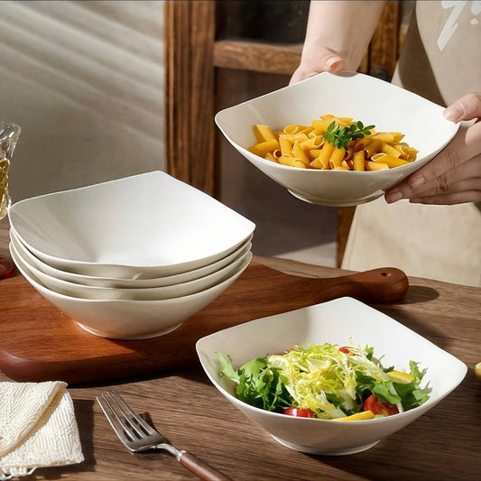 Salad Bowl and Plate Set 4/8/16 Piece – Reusable White PP Plastic Microwave Safe Stackable Lightweight Tableware for Picnic Outdoor Party Wedding Hotel Camping Dessert Cold Dish Serving