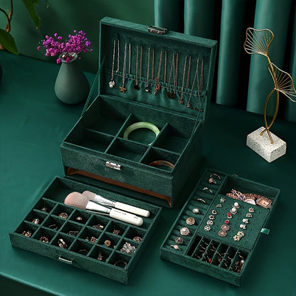 Jewelry Organizer Velvet-Lined Box with Key-Lock Closure and Drawers in Green, Pink or Black