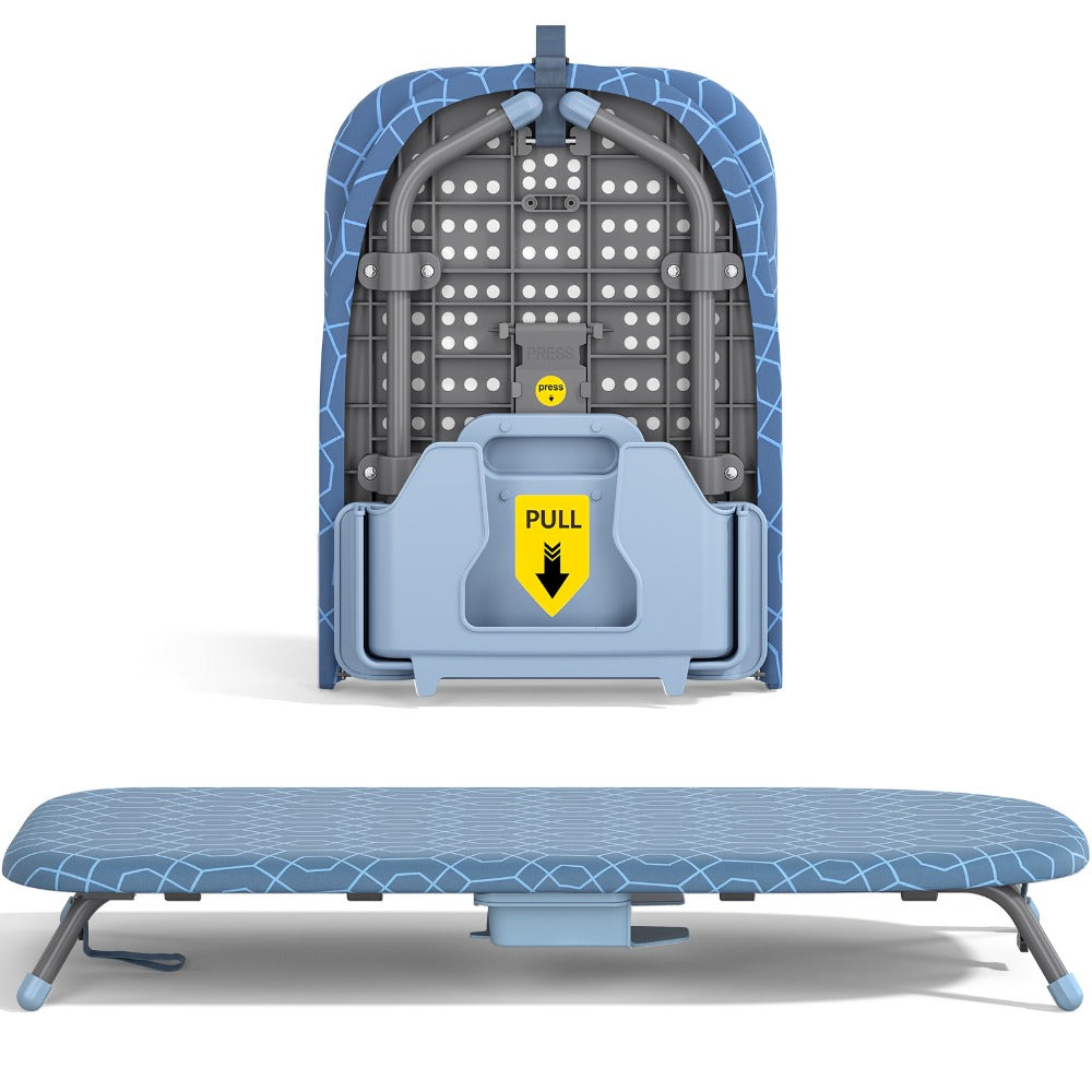 Compact Tabletop Ironing Board with Fold-Out Iron Holder in Blue, Pink or Black Cover Options