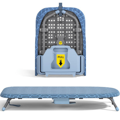 Compact Tabletop Ironing Board with Fold-Out Iron Holder in Blue, Pink or Black Cover Options
