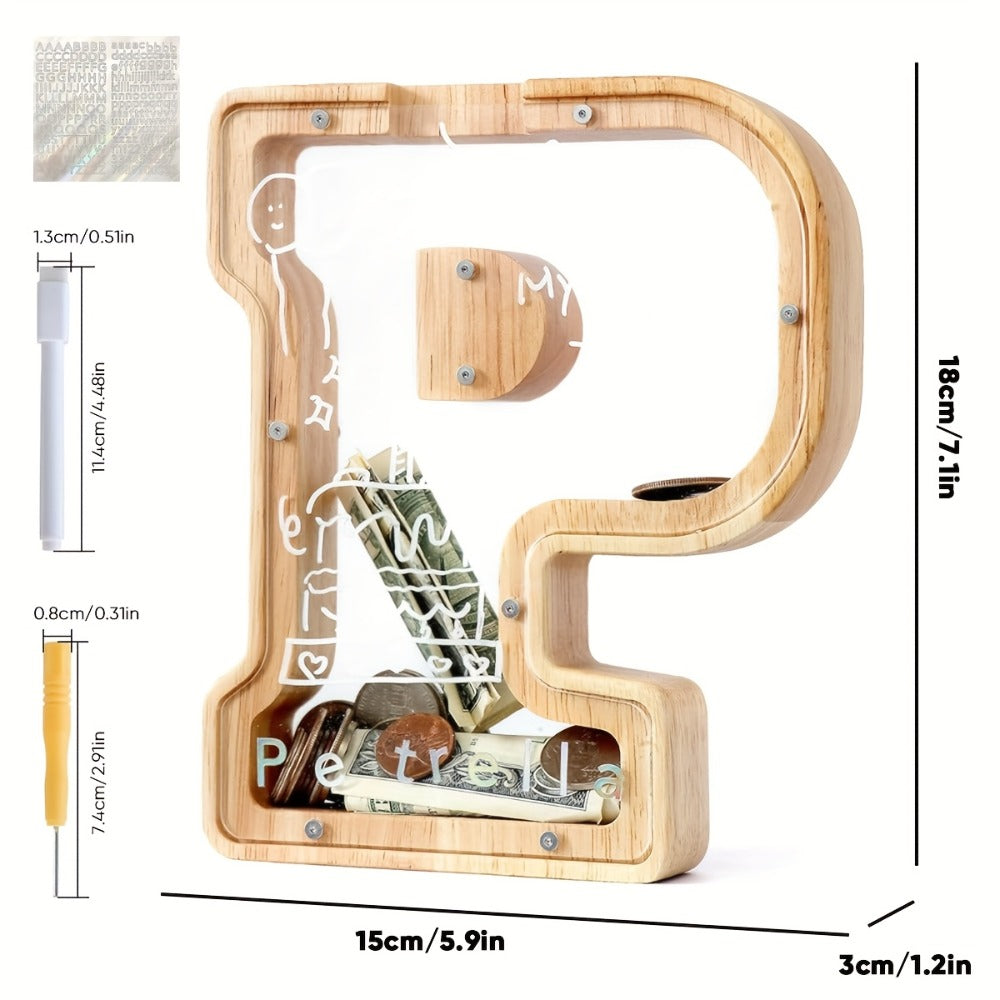 Alphabet Wooden Money Bank with Clear Front Panel, Coin Slot and A-to-Z Letter Options for Adults