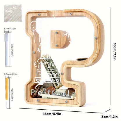 Alphabet Wooden Money Bank with Clear Front Panel, Coin Slot and A-to-Z Letter Options for Adults