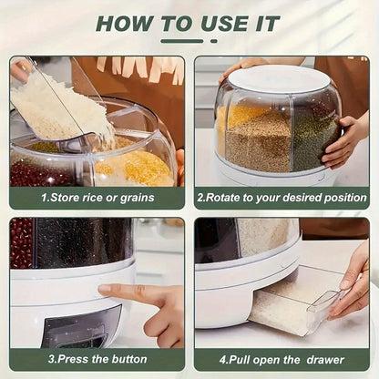 Rotating Rice Storage Container with Multi-Compartment – Large Capacity Grain Bucket, Moisture-Proof Insect-Proof Sealed Tank for Rice, Flour, Pet Food Kitchen Organizer