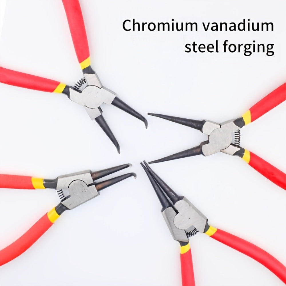 Four-Piece Snap Ring Pliers Set with Straight and Curved Jaws for Internal or External Rings in 7- or 9-Inch Sizes