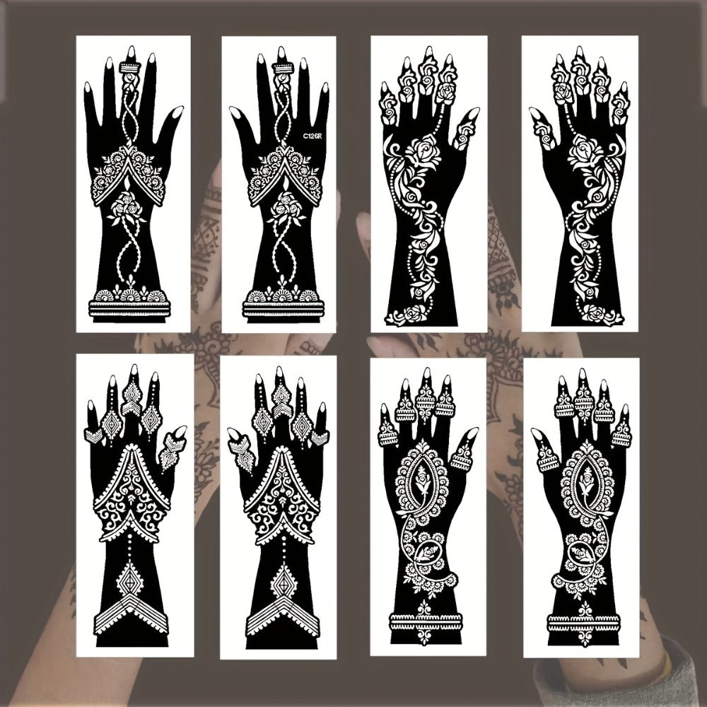 Eight-Piece Hand Tattoo Stencil Set with Long Henna-Style Floral Patterns in SM012 or SM013