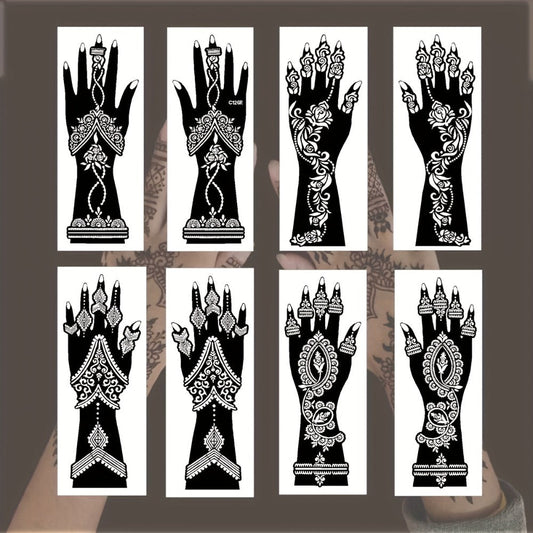 Henna Tattoo Stencils 8-Piece Set Reusable Vintage Ramadan Style | Body Art Stencils for Brides Bridal Party Mehndi | Valentine's Day Eid New Year Skin Decoration | Works with Glitter Body Paint