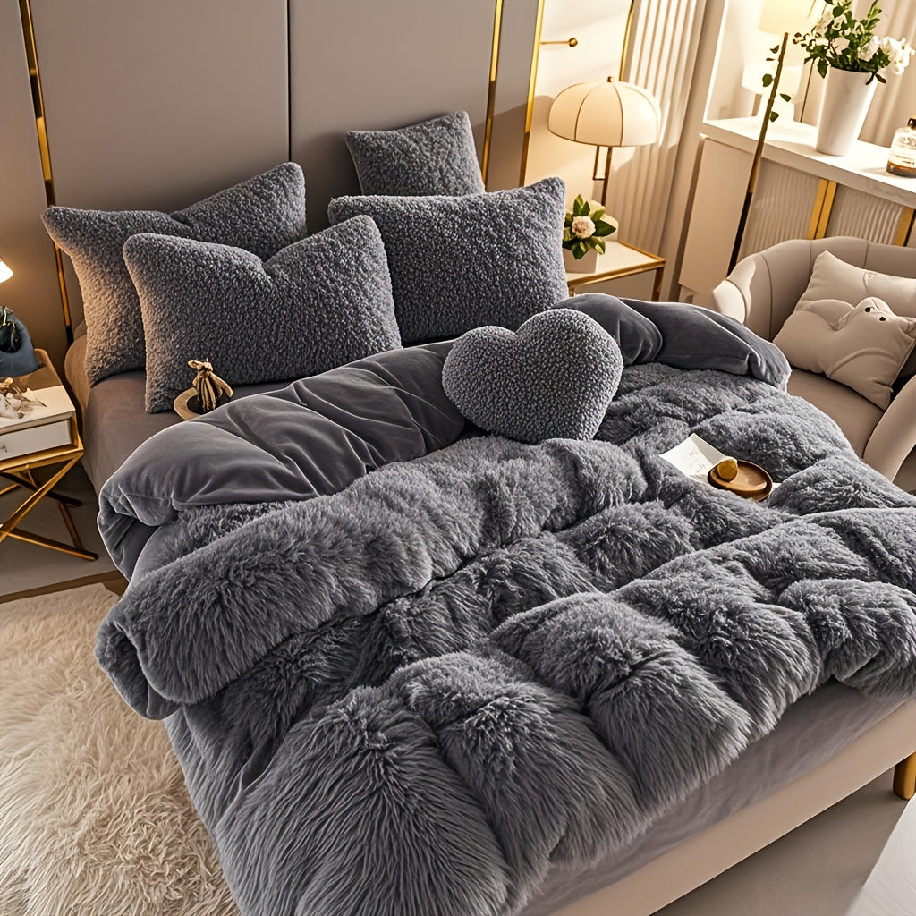 Plush Four-Piece Duvet Cover Set with Bed Sheet, Two Pillowcases, Queen or King Size and Eight Colors