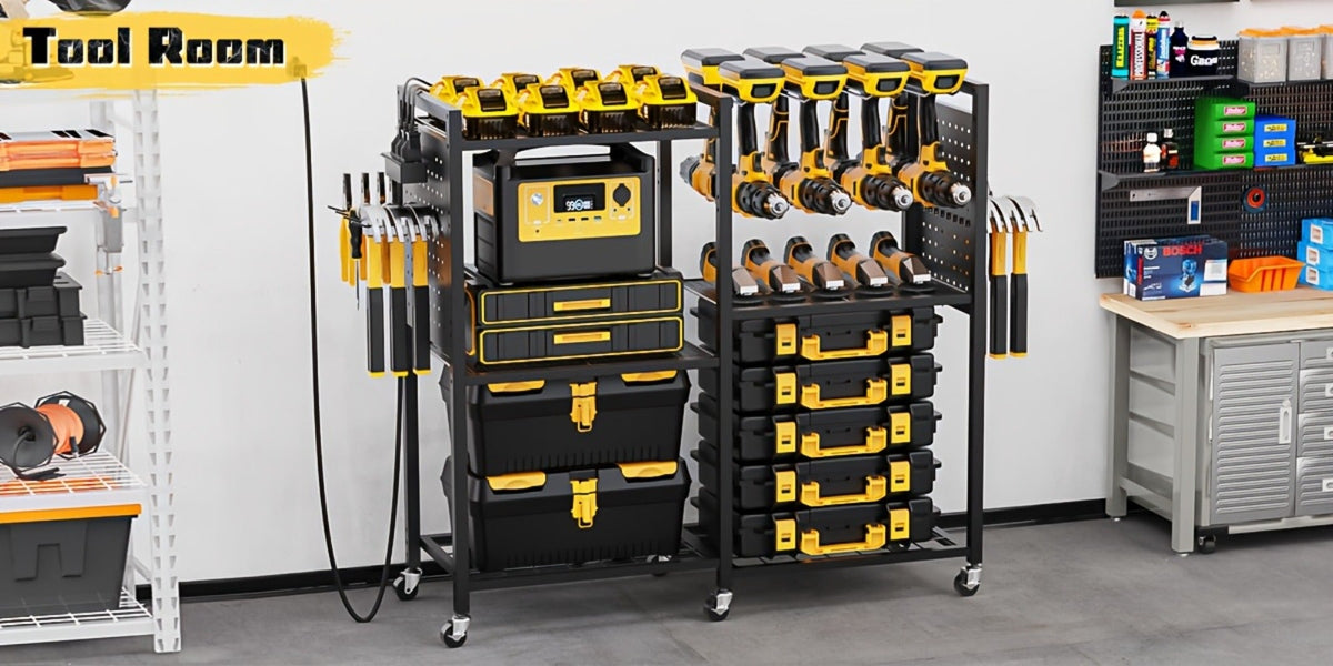 Mobile Tool Cart with Charging Station, 12 Drill Holders & 5 Storage Shelves Power Tool Organizer