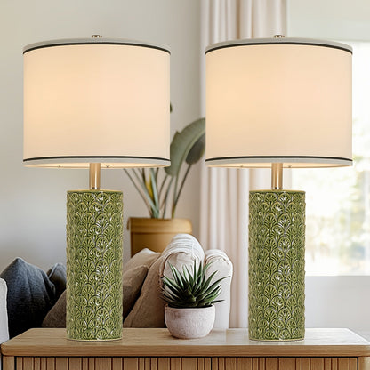 Ceramic Table Lamp – Modern Farmhouse Bedside Lamp with Drum Shade, 3 Color Temperature, Knob Switch, 9W LED Bulb Included, Rustic Nightstand Desk Light for Bedroom Living Room Office Dorm (Multiple Colors)