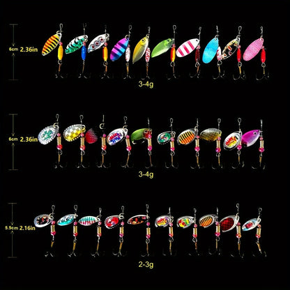 Spinnerbait Fishing Lures 30pcs – Heavy Duty Metal Spoon Jig Multi-Color Artificial Bait Set for Bass Trout Pike Musky, Saltwater & Freshwater Spinner Bait Kit for Men
