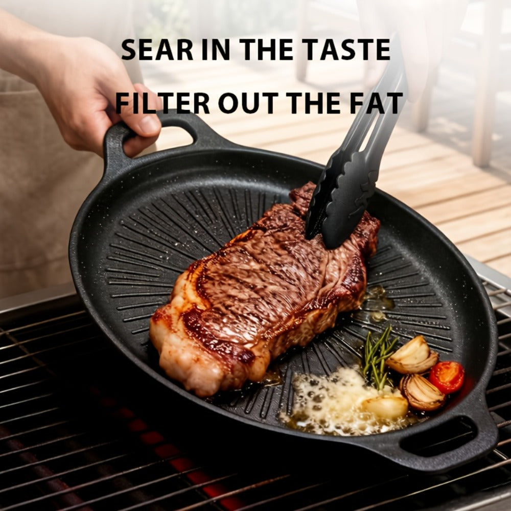 BBQ Griddle Pan Non-Stick with Oil Drain Groove & Double Handles – Multi-Function Grill Frying Pan with Oil Brush for Outdoor BBQ Family Gatherings Indoor Stovetop Cooking | Easy Clean Cookware