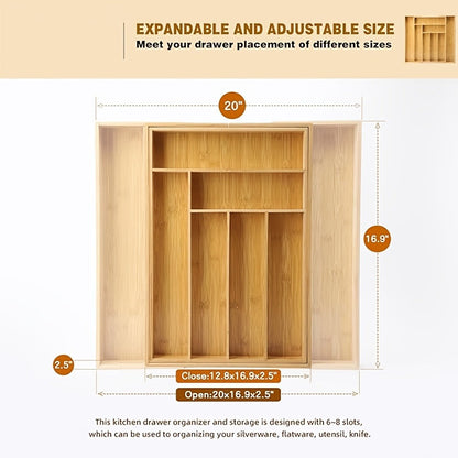 Expandable Bamboo Drawer Organizer with Nine Compartments for Flatware, Utensils and Desk Supplies