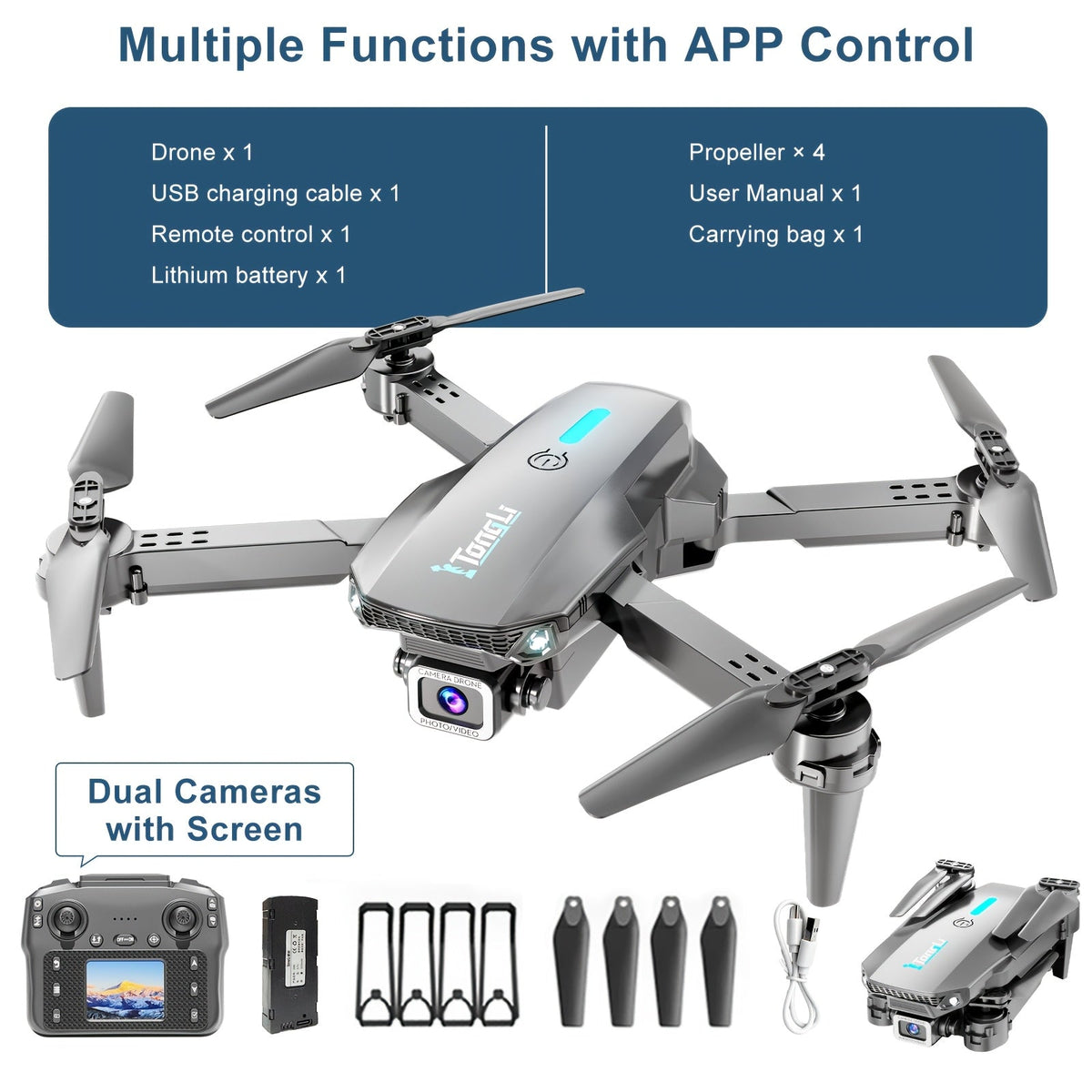 Foldable HD Camera Drone Free Storage Bag USB-C Charging 3D Flips Single or Dual Camera Built-in Screen Remote
