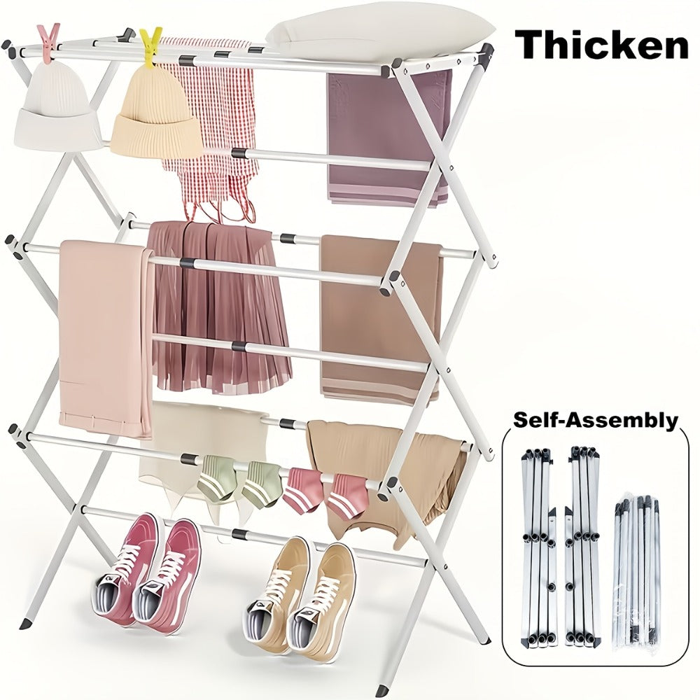 Three-Tier X-Frame Clothes Drying Rack with Collapsible Metal Bars and Gray, White or Top-Rack Configurations