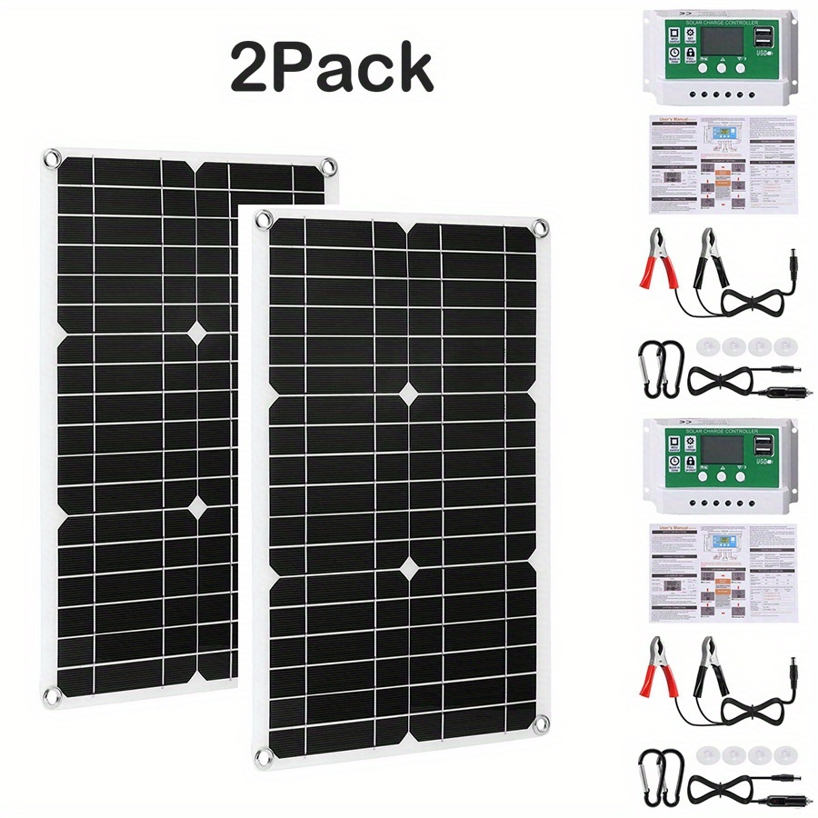 Solar Panel Kit 12V Monocrystalline | Solar Charge Controller, Battery Clips, Extension Cable, USB Ports for Car, Boat, RV, Motorcycle, Camping, Emergency Battery Charging