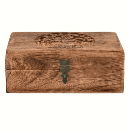 Jewelry Box, Handcrafted Paulownia Wood Keepsake Chest with Carved Tree-of-Life and Floral Motifs