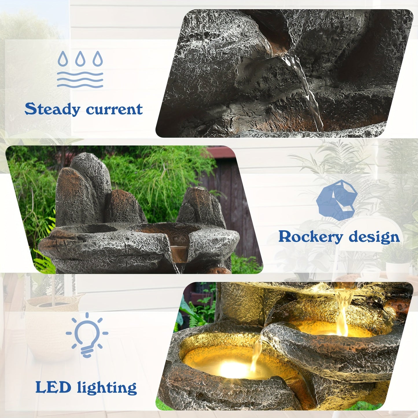 Outdoor Water Fountain 6-Tier Cascading Garden Fountain with LED Lights, Pump & Rocky Peak Decor – IPX5 Waterproof Stone Waterfall for Yard Patio