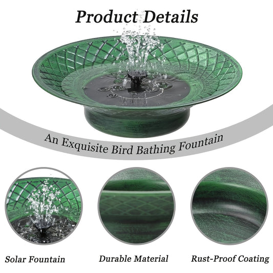 Bird Bath Solar Fountain 12.6" Green Metal Bowl Garden