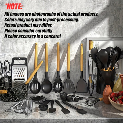 35- or 36-Piece Silicone Kitchen Utensil Set with Holder in Black, Pink or Red, with Optional Glass Cup