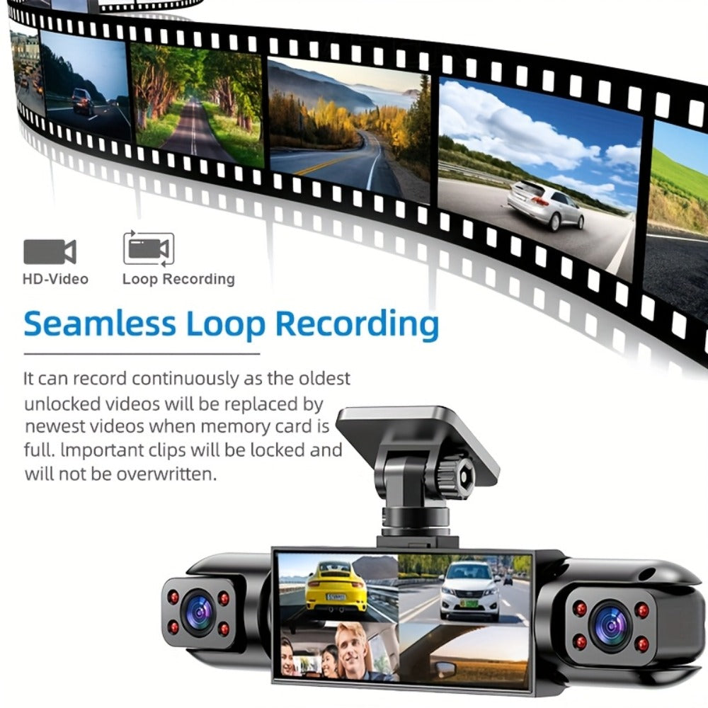 360° Panoramic Dash Cam 3 & 4 Lens 1080P HD Front + 720P Rear Left Right, Quad-Split Screen, HD Night Vision WDR G-Sensor Loop Recording, Full Coverage Car Camera, 32GB/64GB SD Card Options