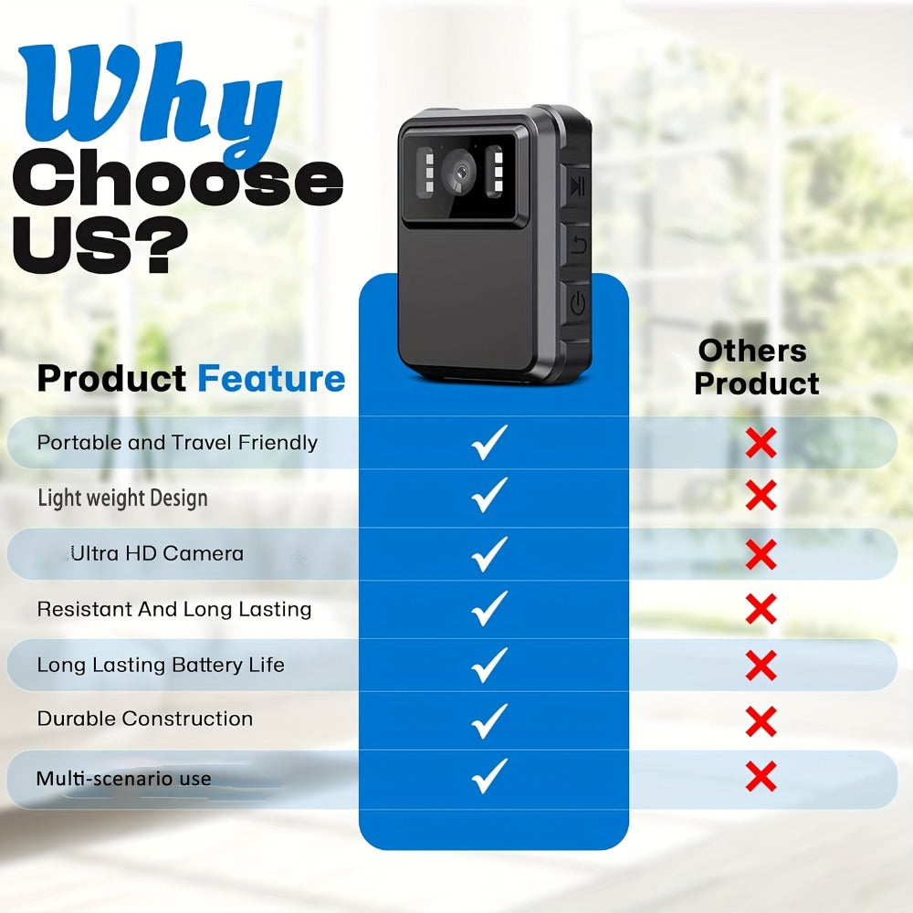 HD Clip-On Body Camera in Black with 150-Degree Lens Marking, 2-Inch Screen, 1800mAh Battery and Type-C Charging