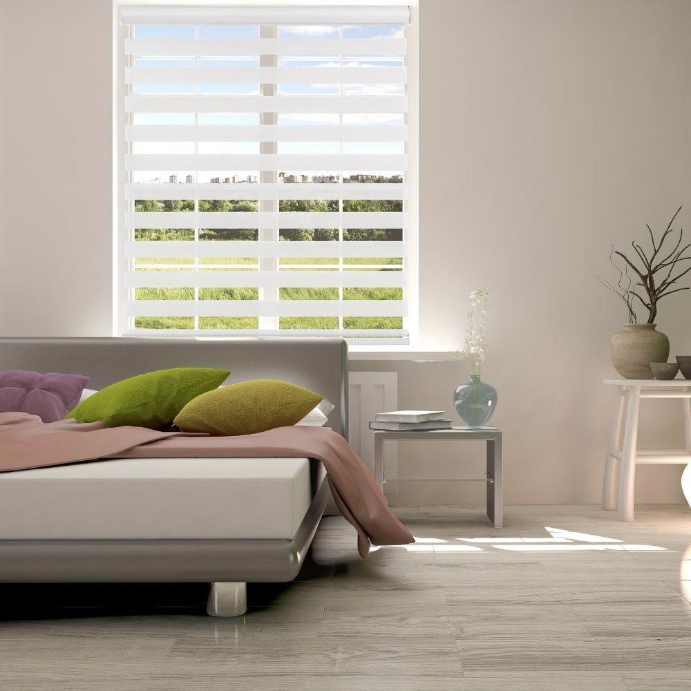 Cordless Zebra Roller Shade with Valance – Day Night Window Blind, Light Filtering Dual Layer Window Treatment Mesh Opaque Fabric