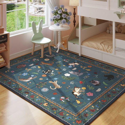 Area Rug, Vintage Blue Cat and Floral Low-Pile Carpet in Rectangle, Runner and Round Size Options