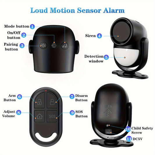 125dB Wireless Motion Sensor Alarm with Siren Light & Remote Control – Indoor Infrared Security Motion Detector for Home, Shed & Garage – Battery Operated PIR Alert System (Black & White)
