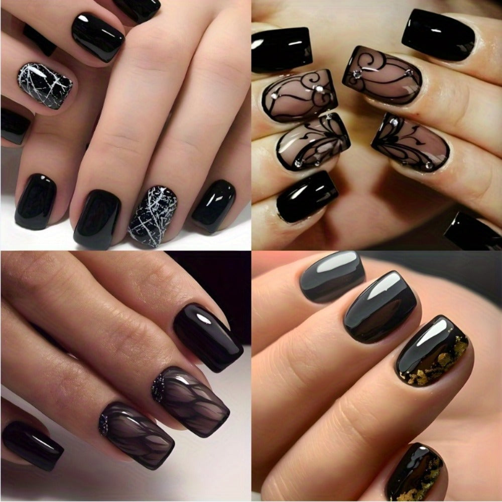 Press On Nails 96-Piece Short Square Black Ice-Crack Pattern Glossy Full-Cover Set with Nail Glue