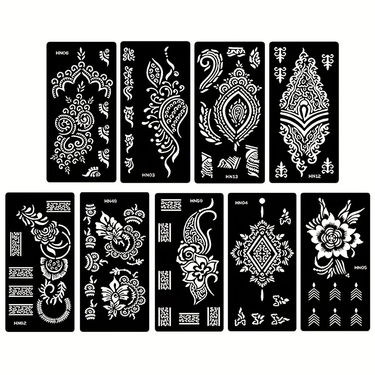 Nine-Sheet Reusable Tattoo Stencil Set with Long Floral and Henna-Style Pattern Cards in HN1 or HN2