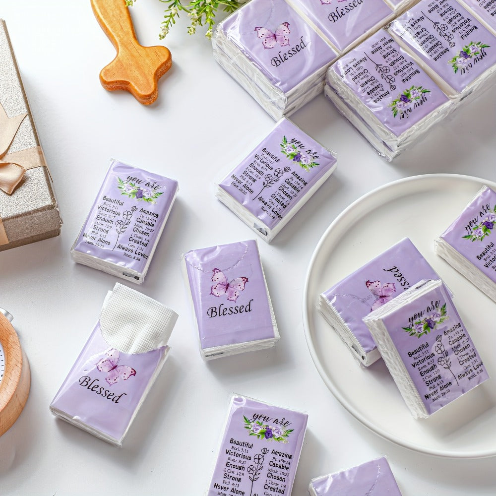 One-Hundred-Pack Purple Floral Pocket Tissue Set with Seven Three-Ply Sheets in Each Travel Pack