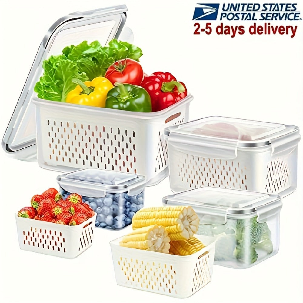 Food Storage Containers Set 6pcs BPA Free Plastic with Drain Baskets and Lids Leak Proof Freezer Safe Reusable for Fruits Vegetables Meal Prep Kitchen Organizer