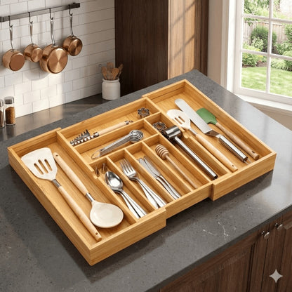 Expandable Bamboo Drawer Organizer with Nine Compartments for Flatware, Utensils and Desk Supplies