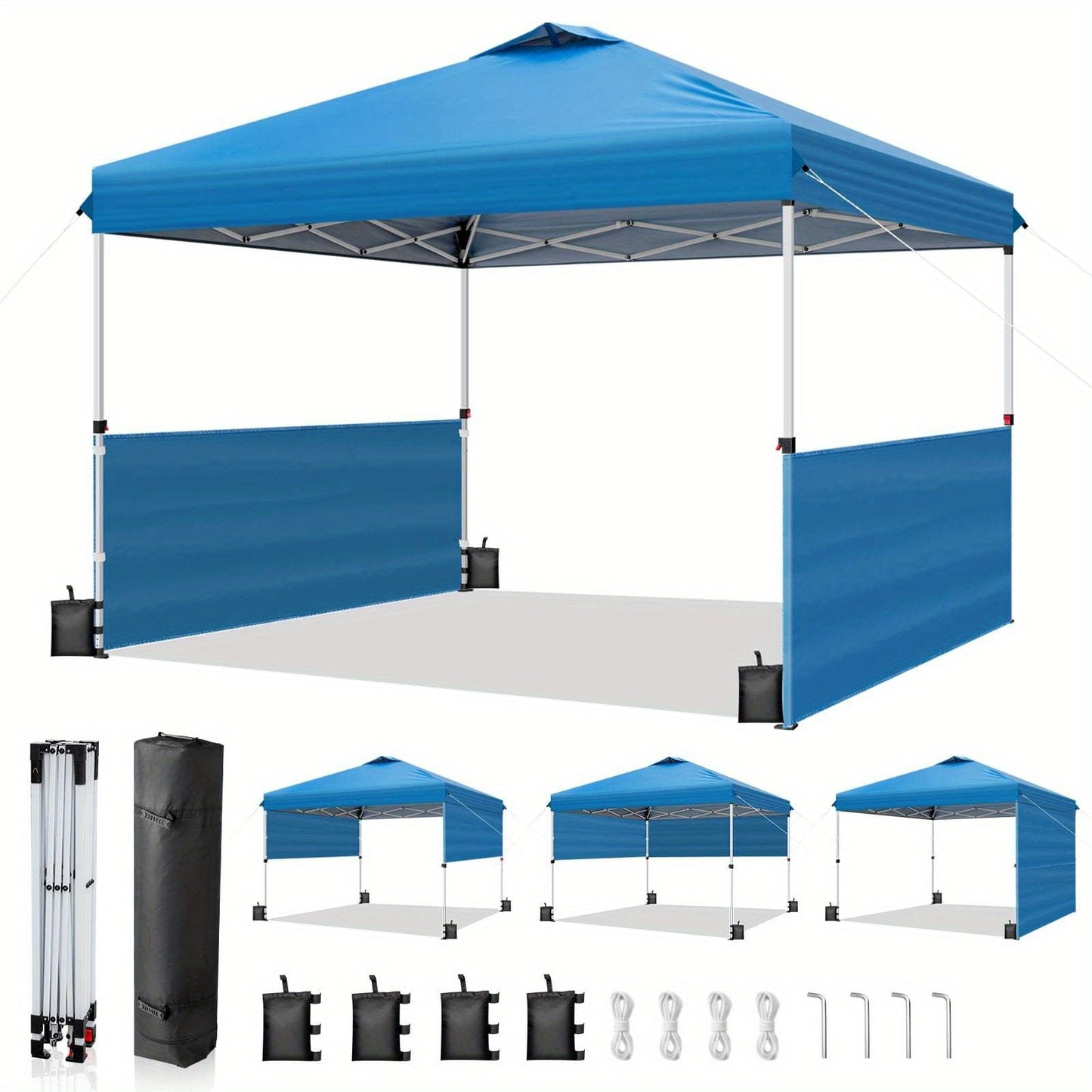 One-Push 10x10ft Canopy Tent with Two Adjustable Half Sidewalls, Four Sandbags and Wheeled Bag