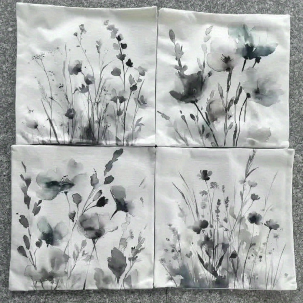 Four-Piece Watercolor Poppy Pillow Cover Set, 17.72 x 17.72 Inches with Neutral Botanical Prints