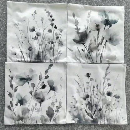Four-Piece Watercolor Poppy Pillow Cover Set, 17.72 x 17.72 Inches with Neutral Botanical Prints