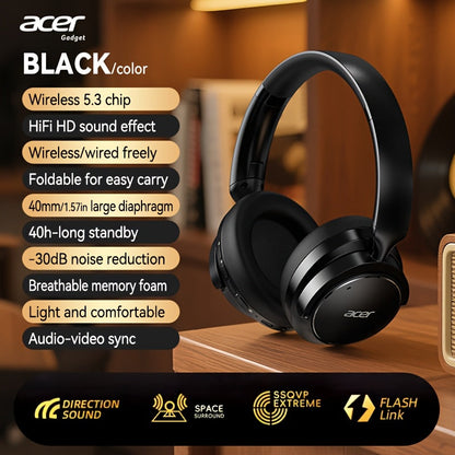 Acer OHR560 ANC Over-Ear Wireless Headphones, Full-Coverage Foldable Design HiFi Stereo HD ENC Call Noise Reduction Built-in Mic, 3.5mm Audio Cable Compatible for Work Travel Gaming Study