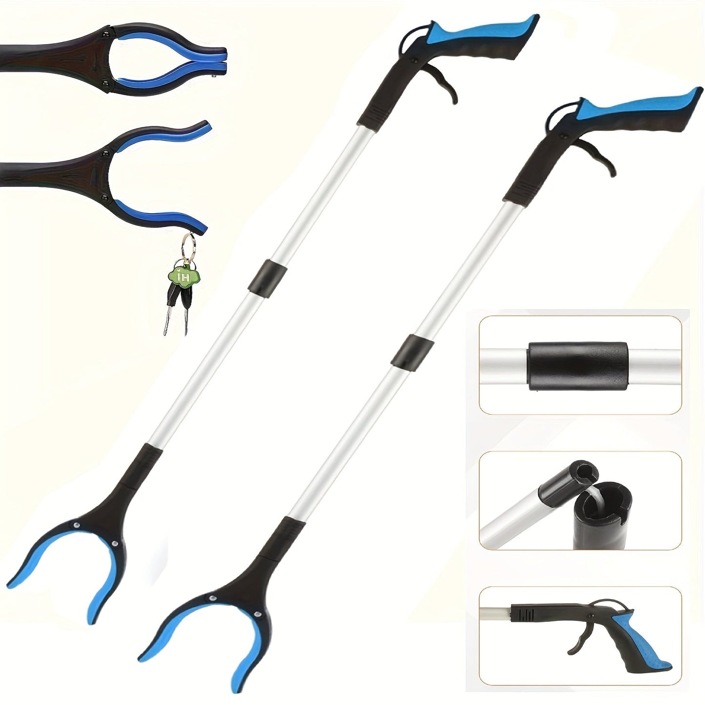Thirty-Two-Inch Foldable Grabber Reacher Tool with Rotating Jaw, Magnetic Tip and Two- or Four-Piece Blue Sets