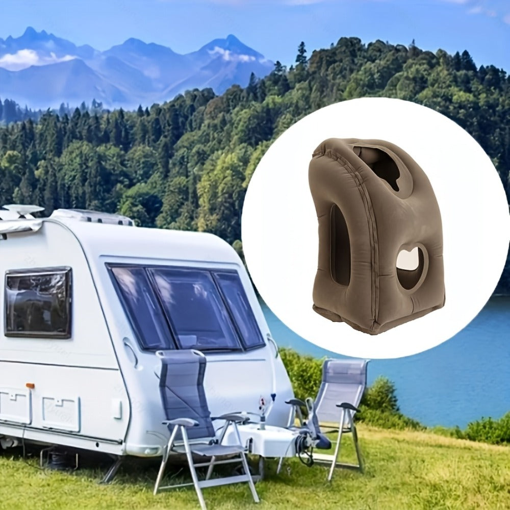Inflatable Upright Travel Pillow with Face and Side Openings, Carry Bag and Blue, Black or Gray Color Options