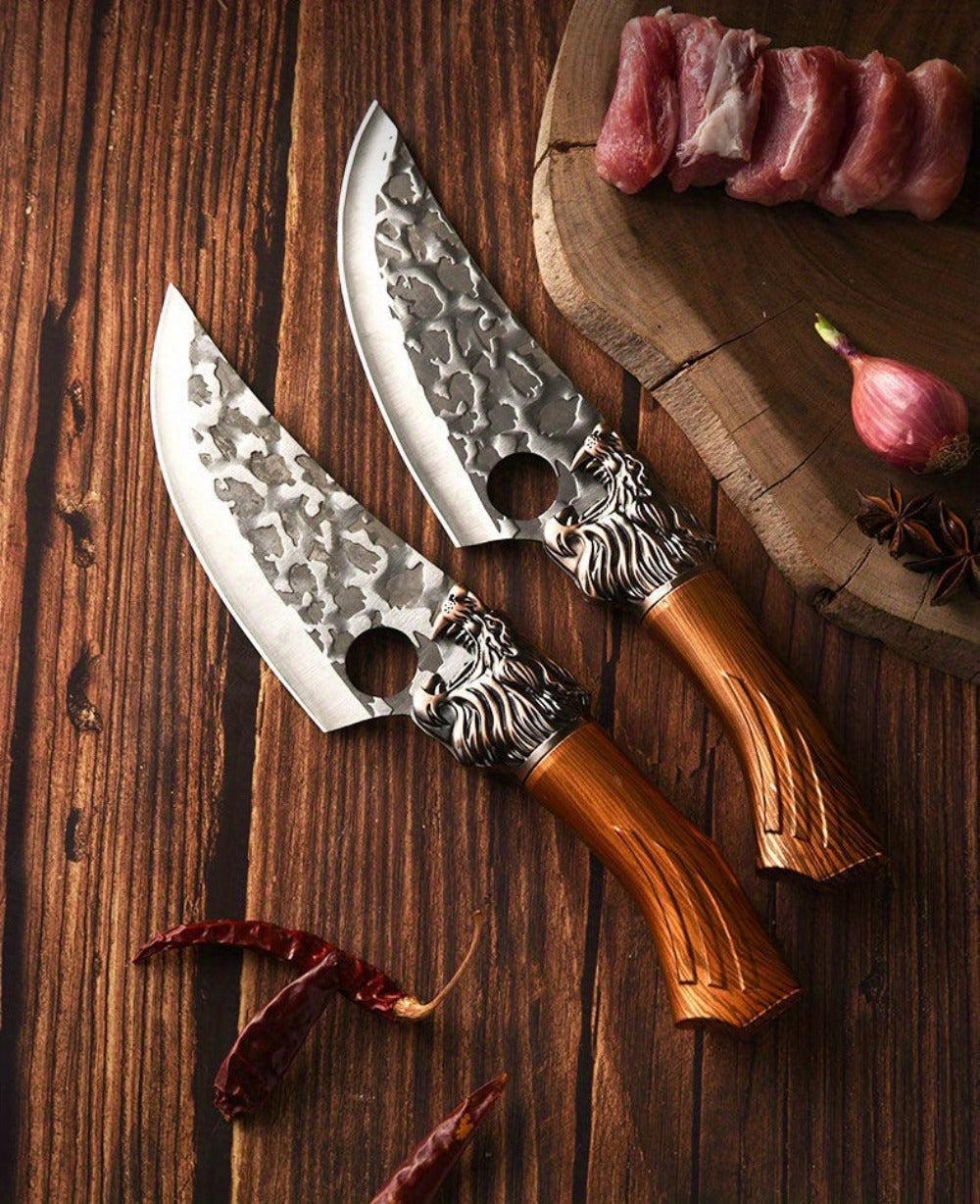 Multi-Piece Kitchen Knife Set with Stainless Steel Labels in Black Three-Piece or Brown Seven-Piece Options