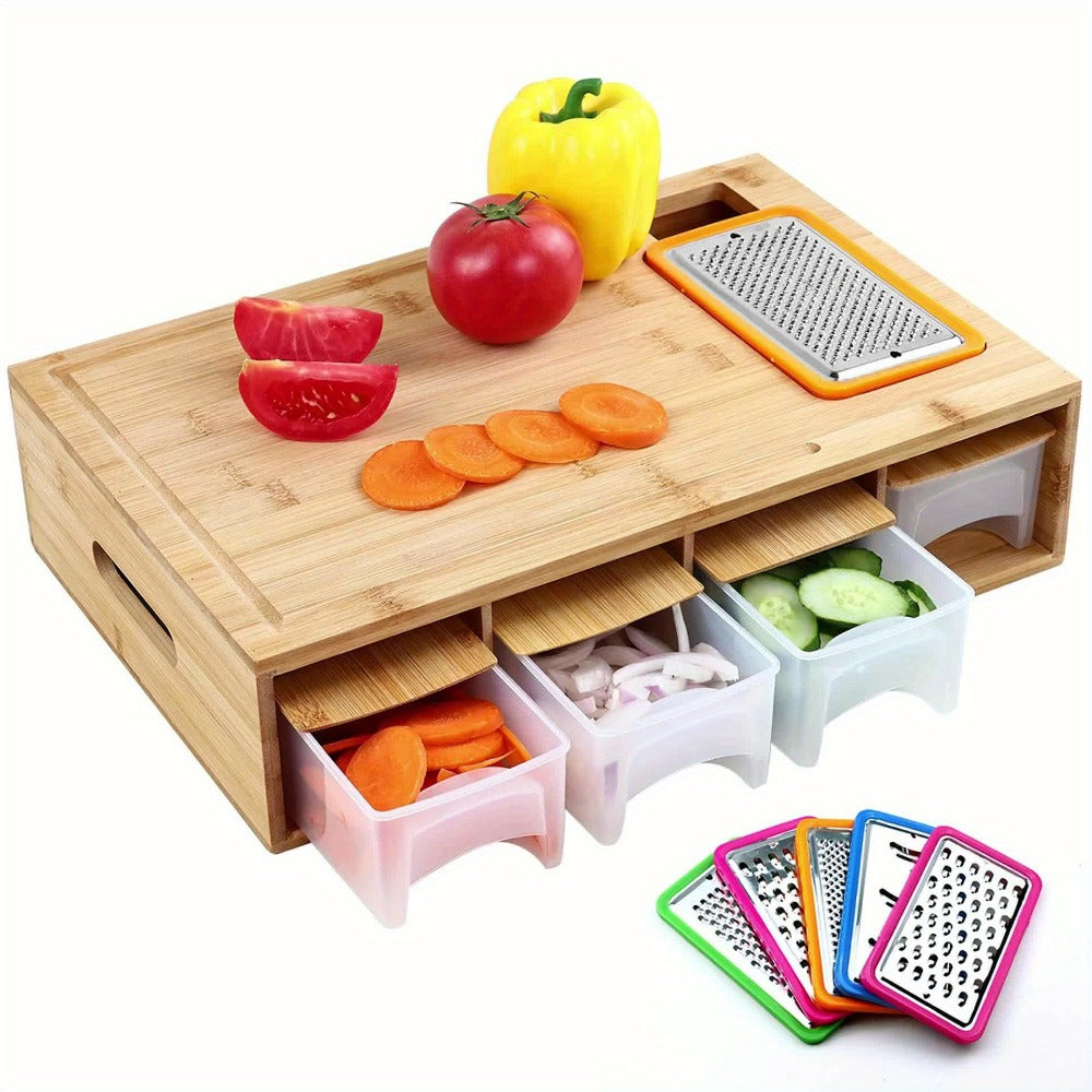 Bamboo Cutting Board with Food Container, Cheese Grater & Juice Groove - Large Wooden Chopping Board Set with Storage Box, Drain Tank for Vegetables Meat Cheese, Kitchen Prep Board with Hand Grip